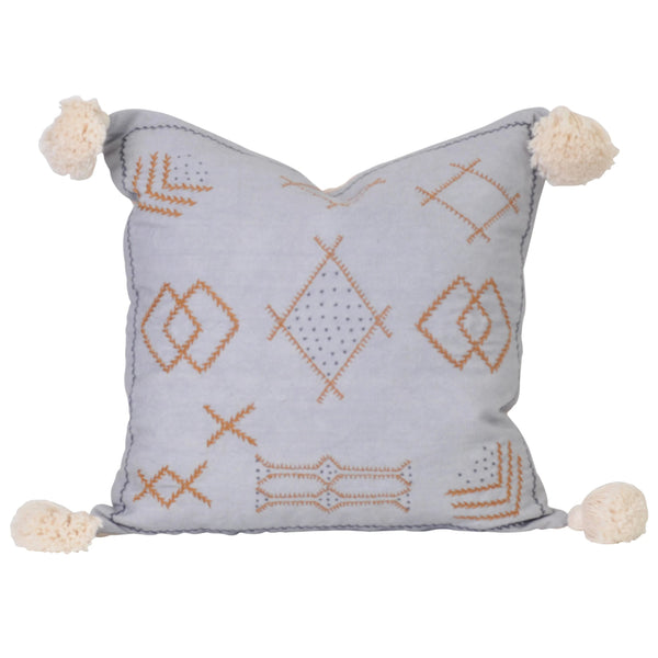 blue grey embroidered boho bohemain cactus silk pom pom tassels cushion pillow aztec coastal