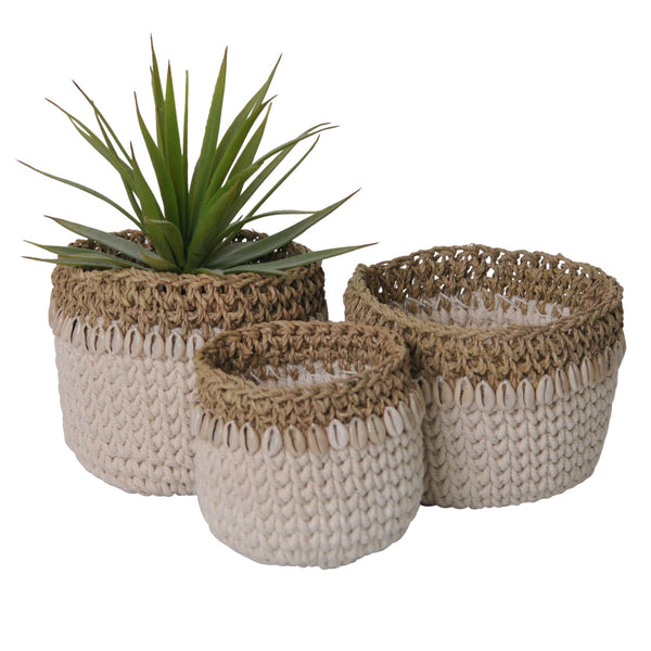 crochet shell pot natural white cowrie plant holder