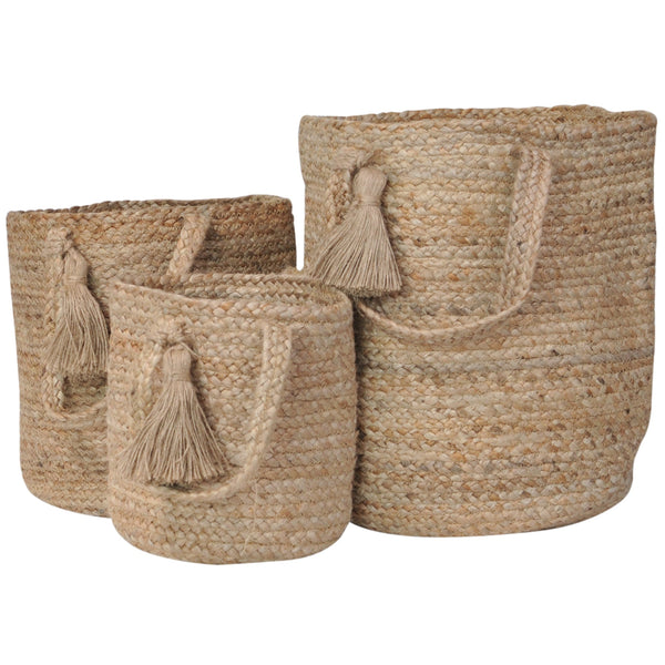 jute baskets with tassel and loop handle small medium large